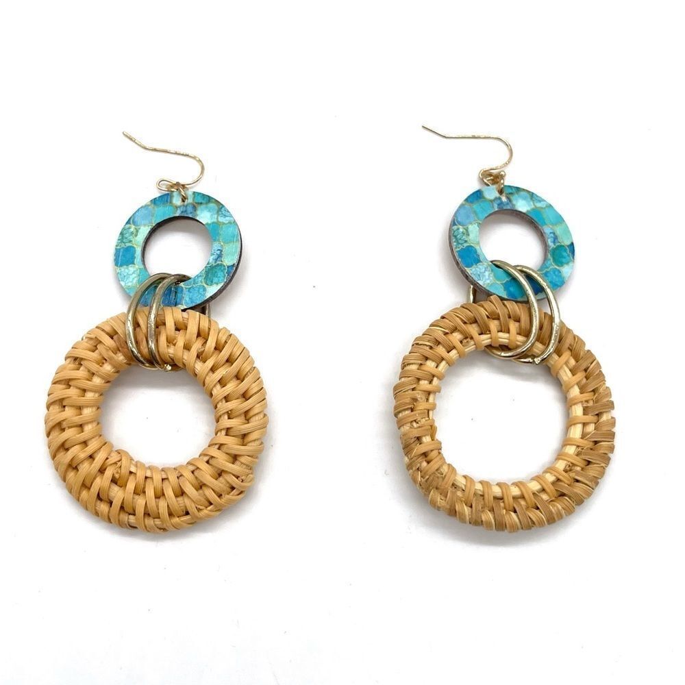 Double Disk Rattan and Resin Combo Earrings